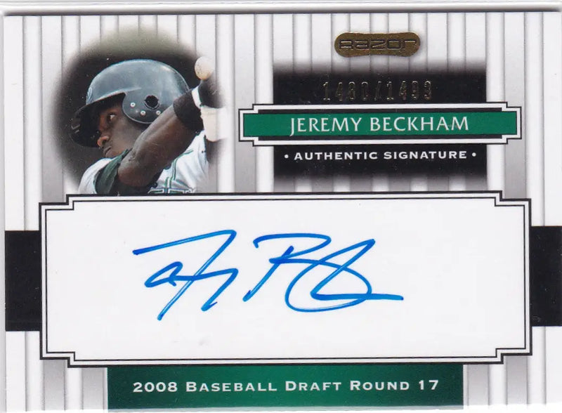 Baseball trading card featuring Jeremy Beckham Auto with blue ink and green-black border
