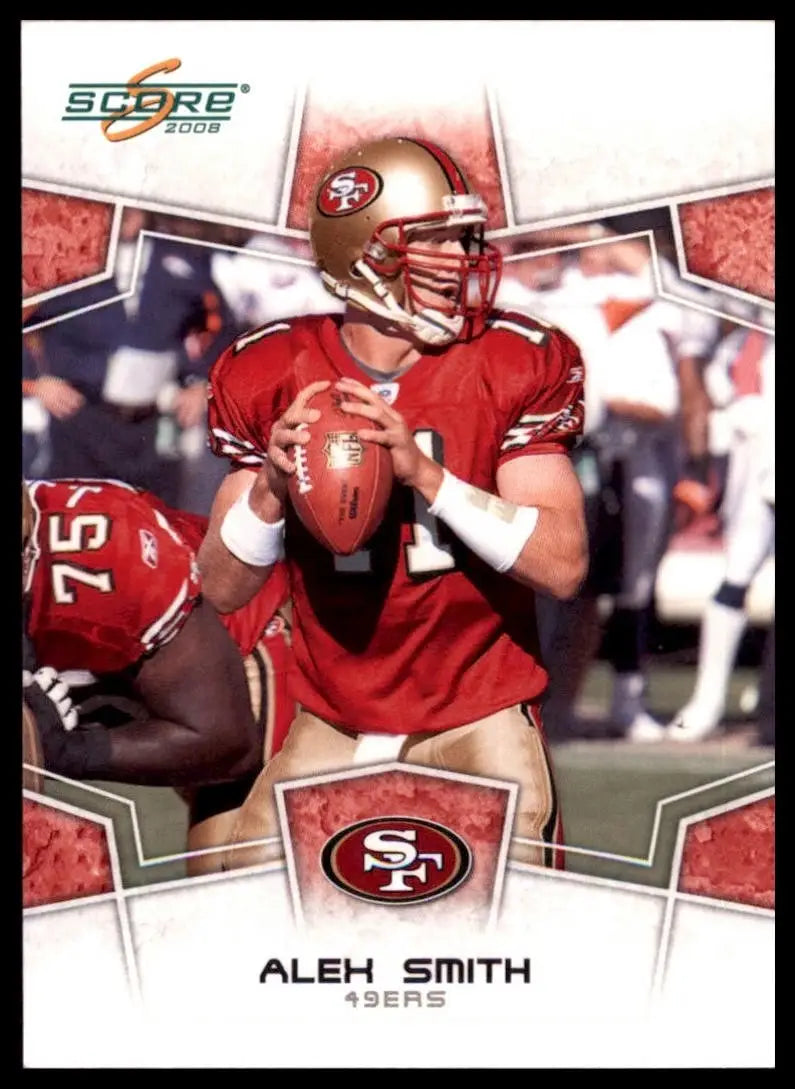 Football card featuring 2008 Score Alex Smith 49ers red and gold jersey with white accents