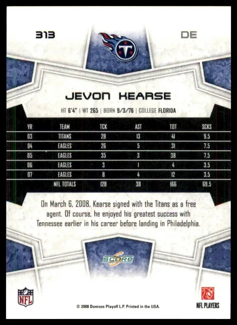 2018 Score Jevon Kearse football card featuring Tennessee Titans jersey and NFL details