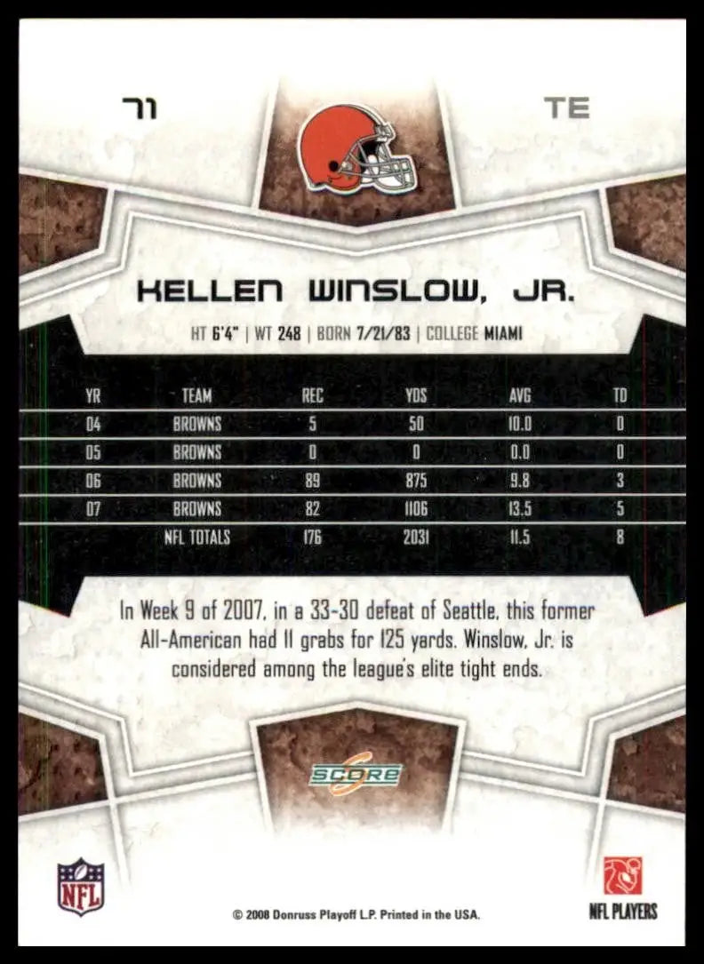 Brown leather football card featuring Cleveland Browns helmet logo and white text for 2008 Score Kellen Winslow Jr NFL card