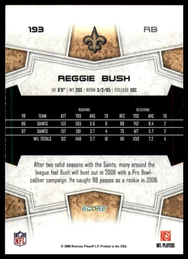 2008 Score Reggie Bush football card featuring New Orleans Saints NFL player