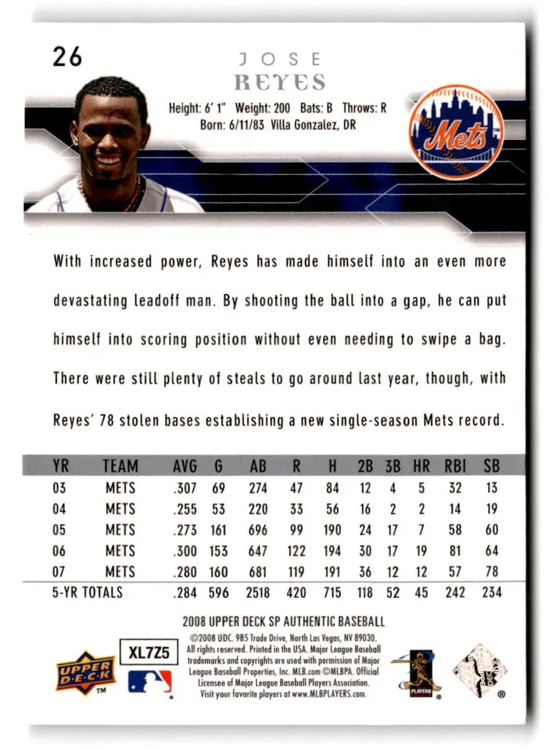 2008 SP Authentic #26 Jose Reyes - Baseball Card Single