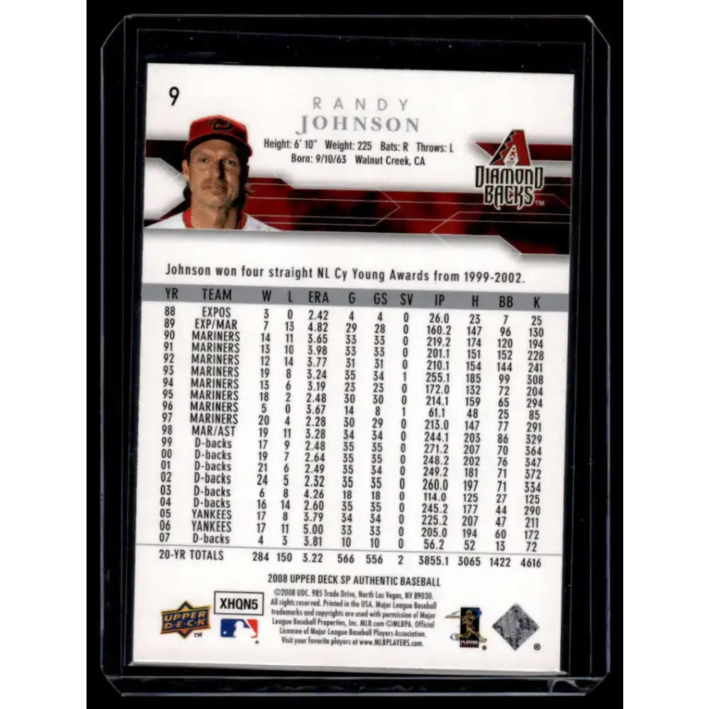 2008 SP Authentic #9 Randy Johnson EX/NM Arizona Diamondbacks Baseball Card - Baseball Card Single