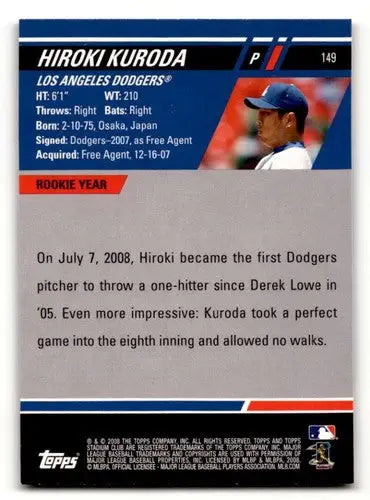 Original gloss Hiroki Kuroda Los Angeles Dodgers baseball card in 2008 Stadium Club