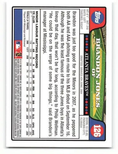 Original gloss Brandon Jones rookie Braves baseball card from 2008 Topps #126