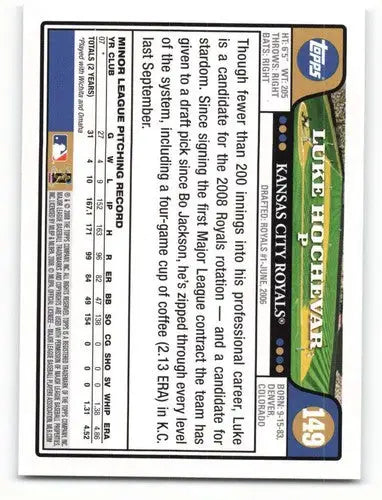 Original gloss Luke Hochevar rookie Royals baseball card from 2008 Topps #149