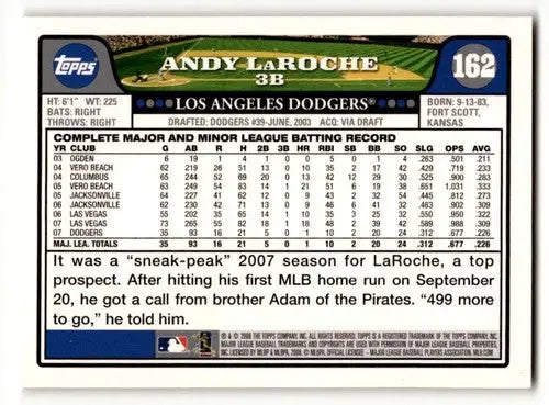 2008 Topps #162 Andy LaRoche Los Angeles Dodgers Baseball Cards EX/N ID:59705 - Baseball Card Single