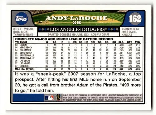 Original gloss Andy LaRoche Los Angeles Dodgers baseball card from 2008 Topps series