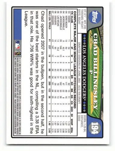 Original gloss Chad Billingsley baseball card from 2008 Topps Dodgers collection