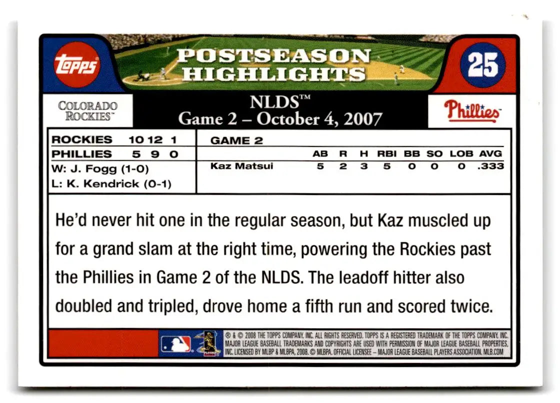 2008 Topps #25 Kaz Matsui - Baseball Card Single