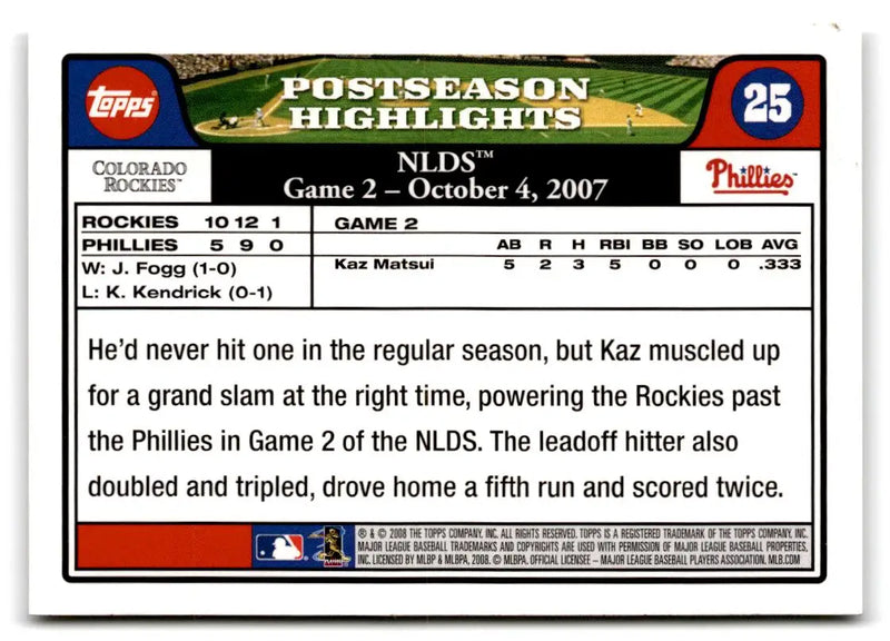 2008 Topps #25 Kaz Matsui - Baseball Card Single