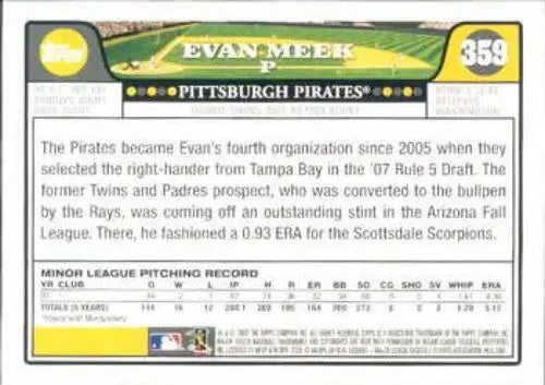 2008 Topps #359 Evan Meek NM-MT RC Rookie Pirates ID:72510 - Baseball Card Single