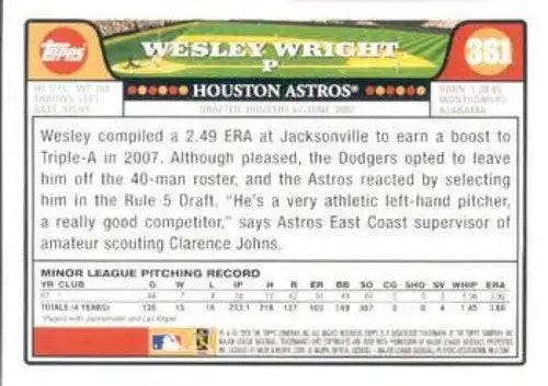 2008 Topps #361 Wesley Wright NM-MT RC Rookie Astros - Baseball Card Single