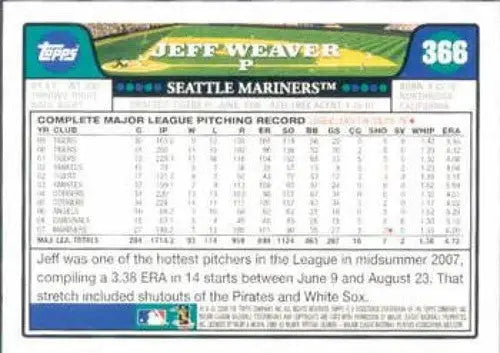 Original gloss Jeff Weaver baseball card 2008 Topps NM-MT Mariners image