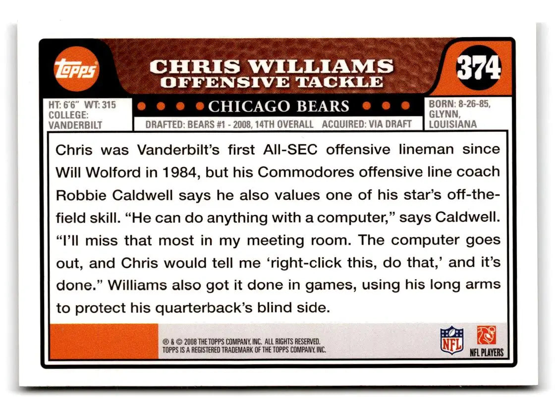2008 Topps #374 Chris Williams - Football Card Single