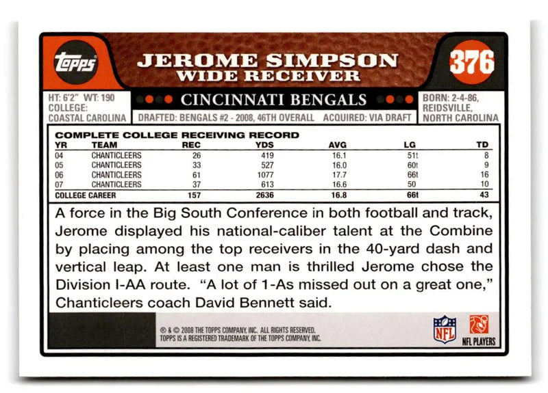 2008 Topps #376 Jerome Simpson - Football Card Single
