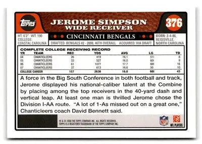 2008 Topps #376 Jerome Simpson - Football Card Single