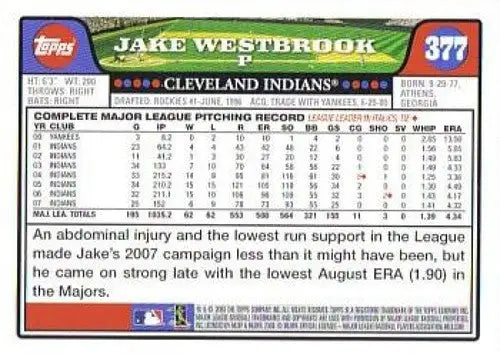 2008 Topps #377 Jake Westbrook NM-MT Indians - Baseball Card Single