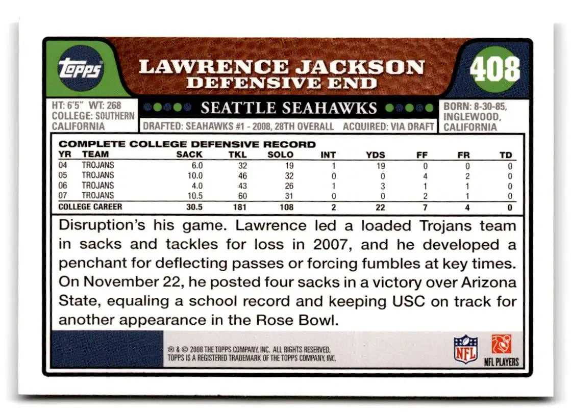 2008 Topps #408 Lawrence Jackson - Football Card Single