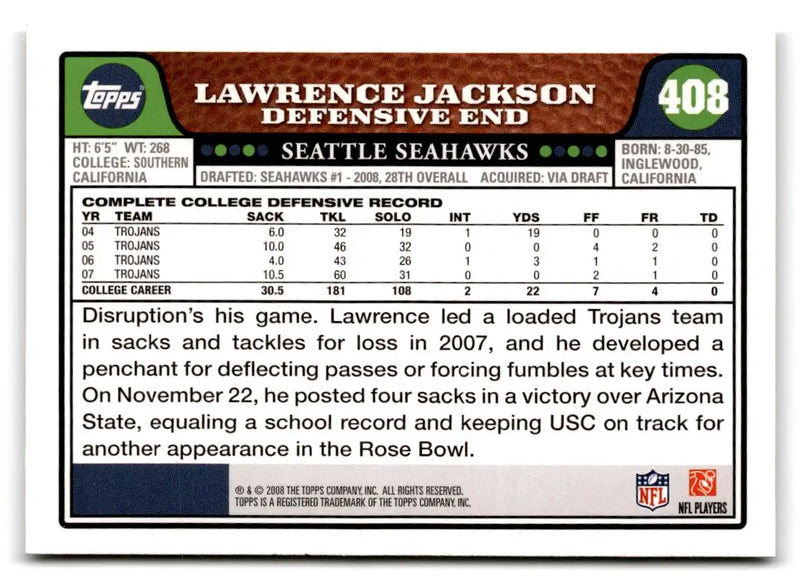 2008 Topps #408 Lawrence Jackson - Football Card Single