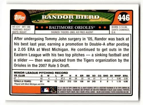 2008 Topps #446 Randor Bierd Baltimore Orioles Baseball Cards EX/NM ID:64388 - Baseball Card Single