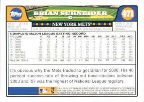 Baseball card back with original gloss from 2008 Topps #471 Brian Schneider NMMT Mets