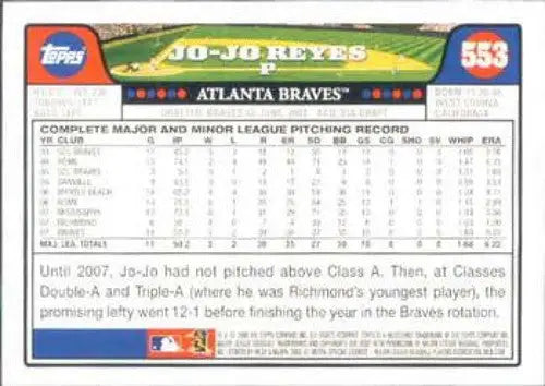 2008 Topps #553 Jo-Jo Reyes NMMT Braves - Baseball Card Single