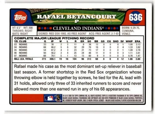 Original gloss Rafael Betancourt baseball card from 2008 Topps #636 featuring Simply Sandoval