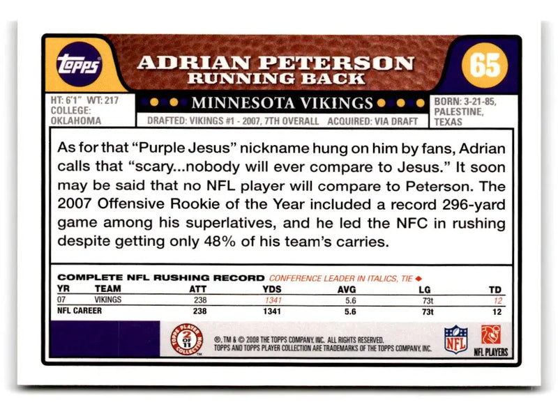 2008 Topps #65 Adrian Peterson - Football Card Single