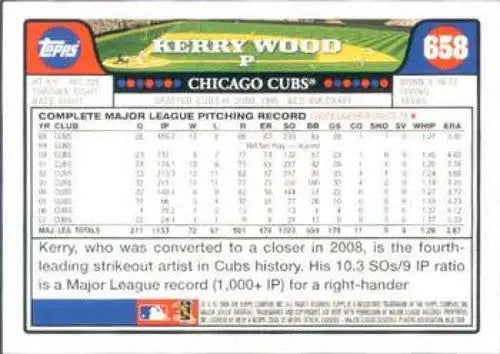Baseball card back featuring original gloss of Kerry Wood NM-MT Cubs 2008 Topps #658