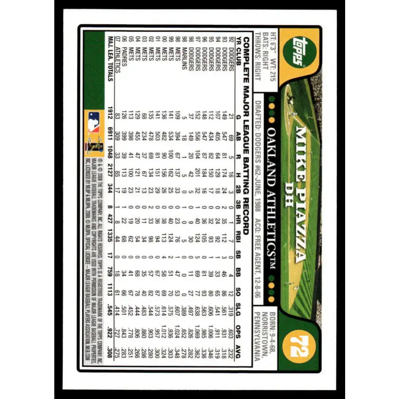 2008 Topps #72 Mike Piazza EX/NM Oakland Athletics Baseball Card - Baseball Card Single