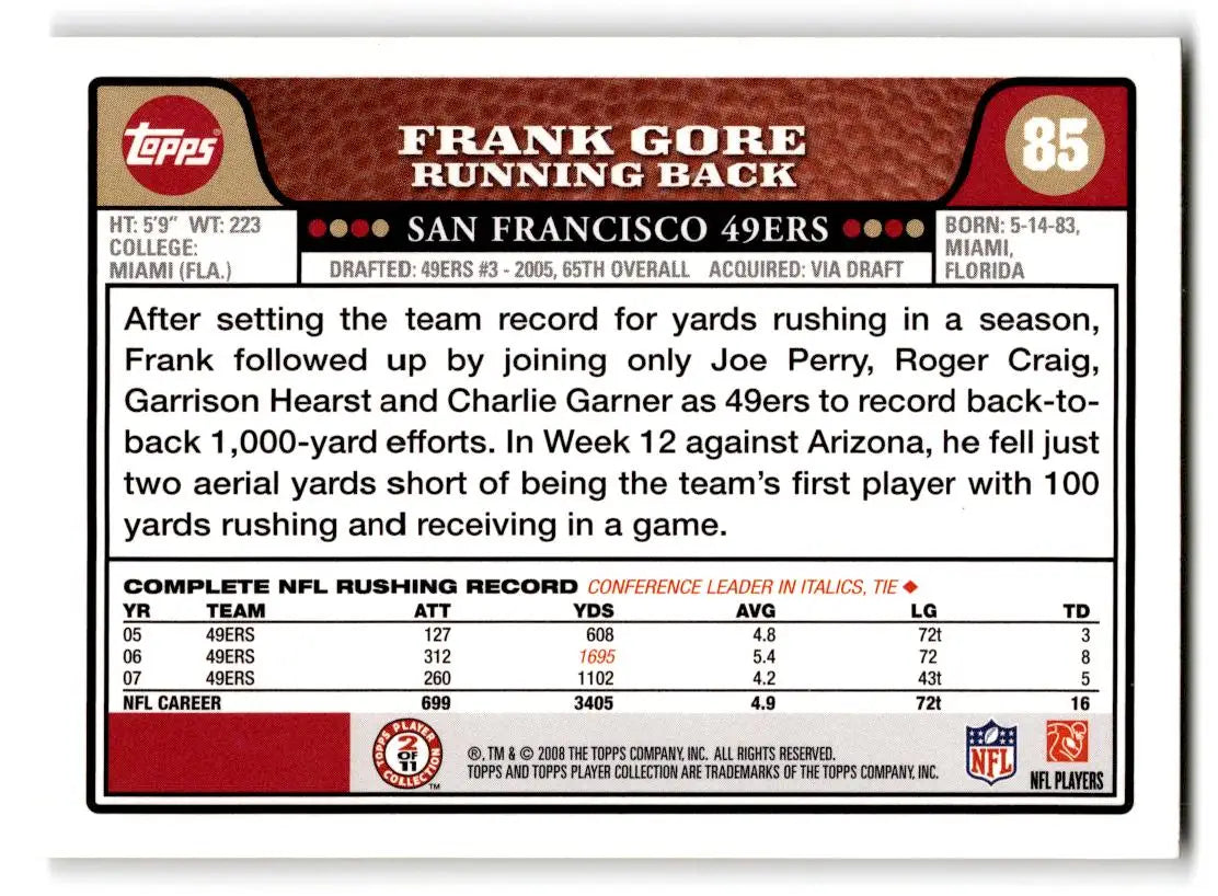 2008 Topps #85 Frank Gore - Football Card Single