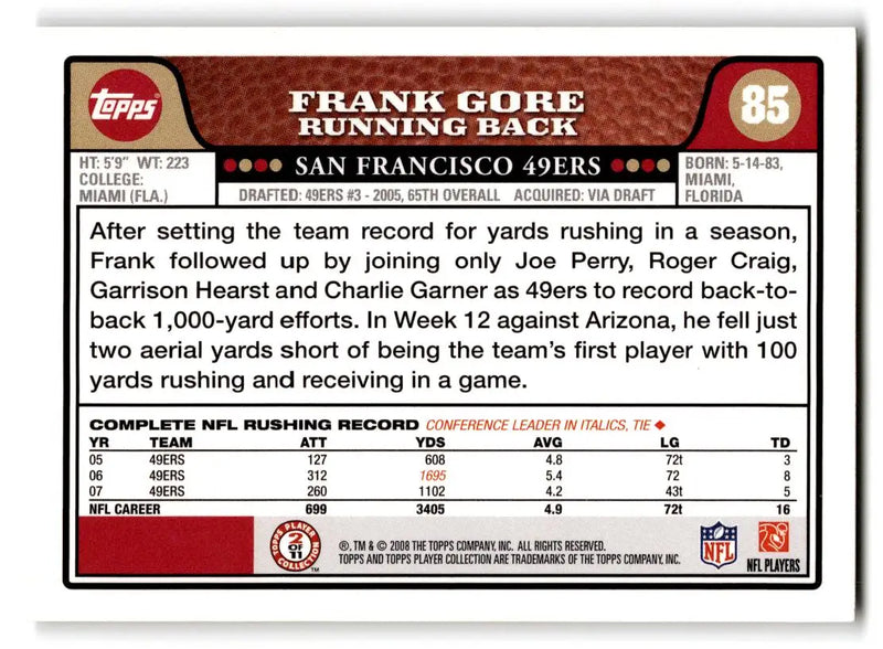 2008 Topps #85 Frank Gore - Football Card Single