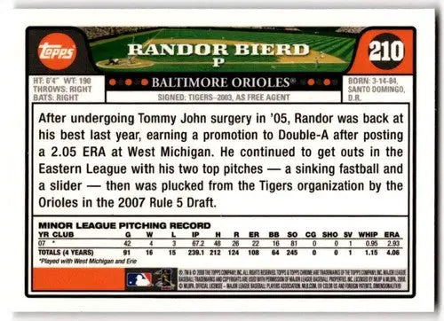 2008 Topps Chrome #210 Randor Bierd NM-MT RC Rookie Orioles ID:43732 - Baseball Card Single