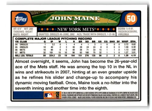 Baseball trading card of John Maine from 2008 Topps Chrome with original gloss