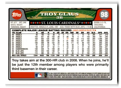 Original gloss 2008 Topps Chrome Troy Glaus baseball card featuring Cardinals ID 71910