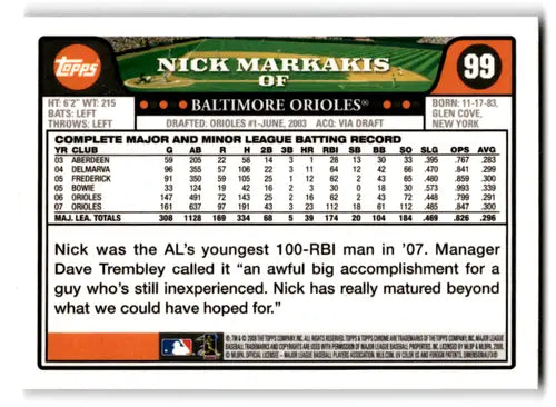 Back of a Nick Markakis baseball card with original gloss from 2008 Topps Chrome Orioles