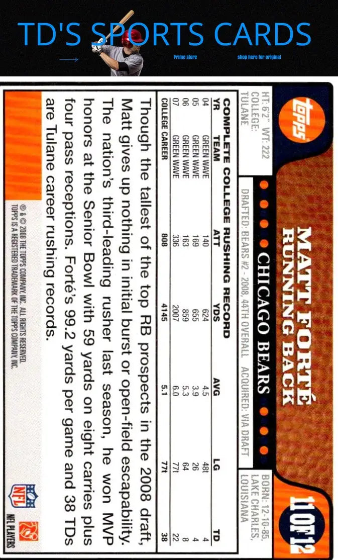 Matt Forte football card TC191 Matt Forte from 2008 Topps Chrome collection