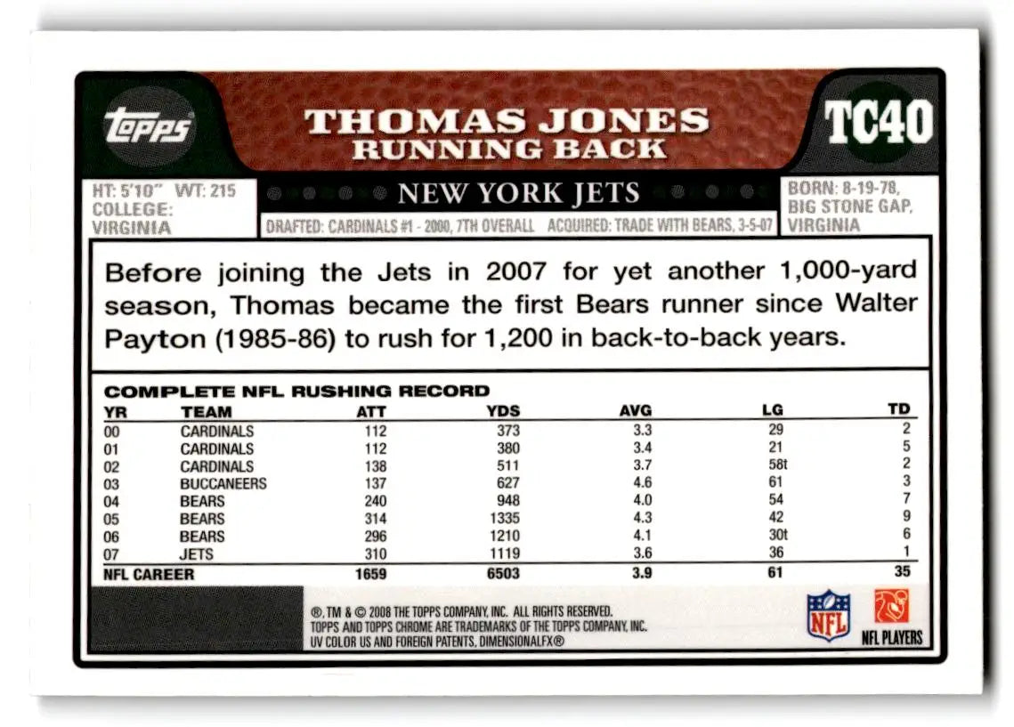 2008 Topps Chrome #TC40 Thomas Jones - Football Card Single
