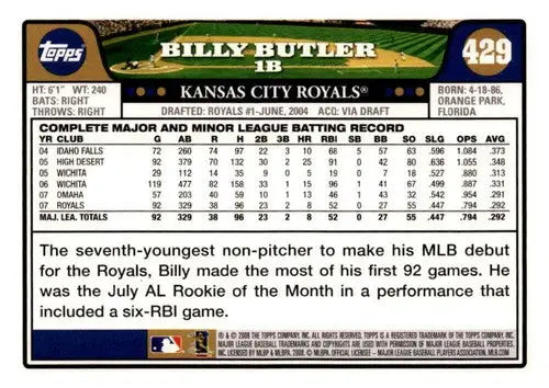 Original gloss 2008 Topps Gold Foil Billy Butler baseball card Royals NM-MT