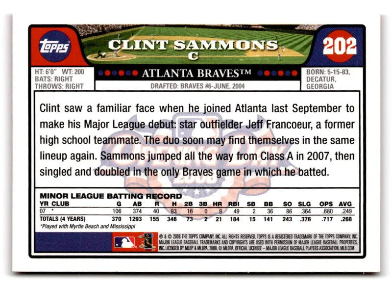 2008 Topps Opening Day #202 Clint Sammons - Baseball Card Single