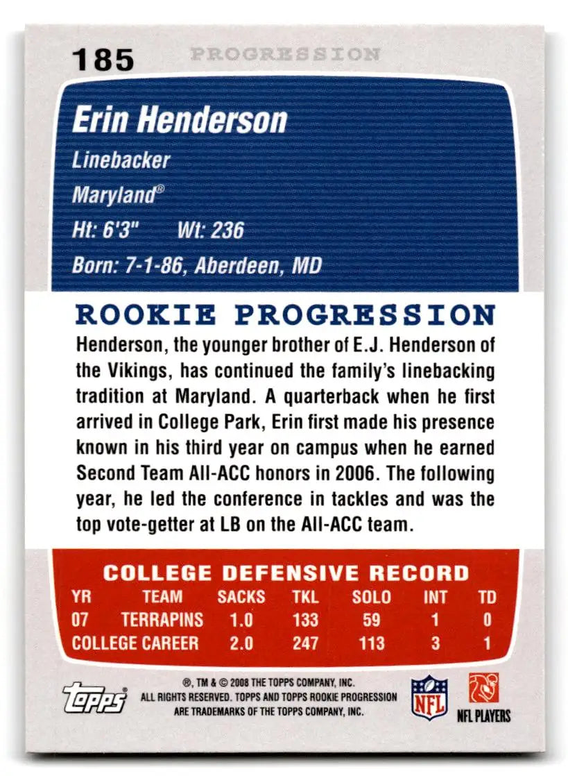 2008 Topps Rookie Progression #185 Erin Henderson - Football Card Single