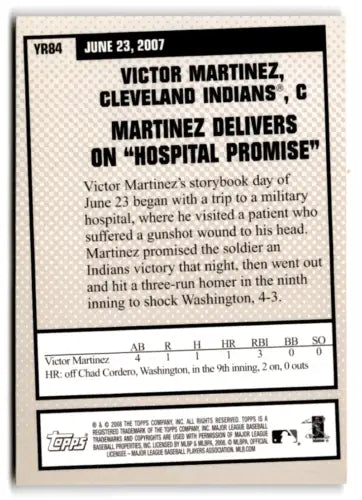 Baseball card back with original gloss from Topps Year in Review YR84 Victor Martinez Indians ID76820