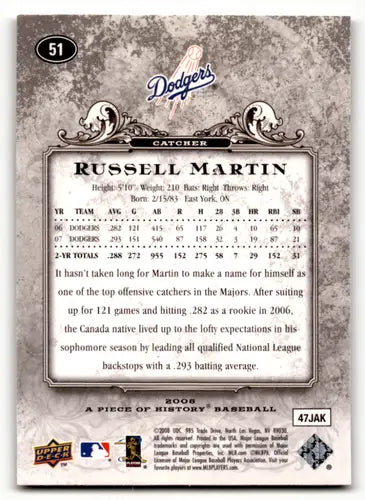 2008 UD A Piece of History #51Russell Martin Dodgers Baseball Card Free Ship - Baseball Card Single
