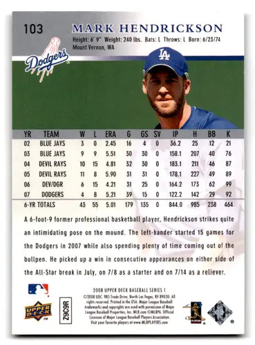 Original gloss baseball card of Mark Hendrickson from 2008 Upper Deck Dodgers series