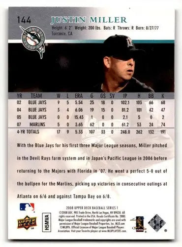 Baseball card back with original gloss for Justin Miller Florida Marlins card