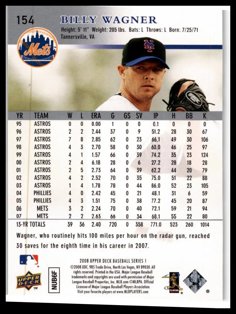2008 Upper Deck #154 Billy Wagner - Baseball Card Single