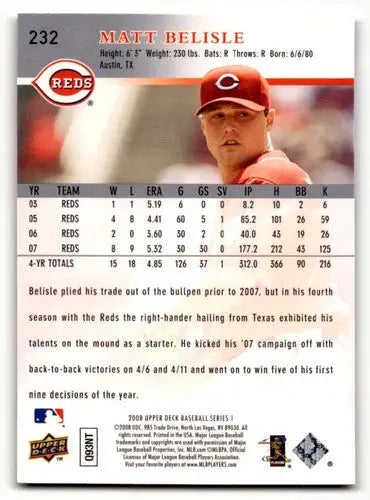 Original gloss Matt Belisle Cincinnati baseball card from 2008 Upper Deck Belisle Cincinnati Reds