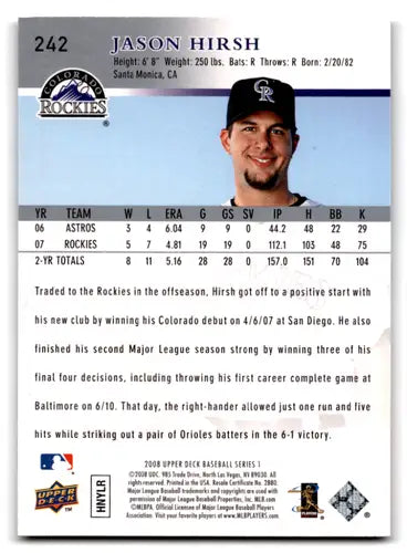 2008 Upper Deck #242 Jason Hirsh NM Near Mint Rockies ID:72083 - Baseball Card Single