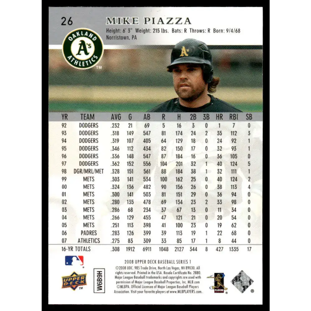2008 Upper Deck #26 Mike Piazza EX/NM Oakland Athletics Baseball Card - Baseball Card Single